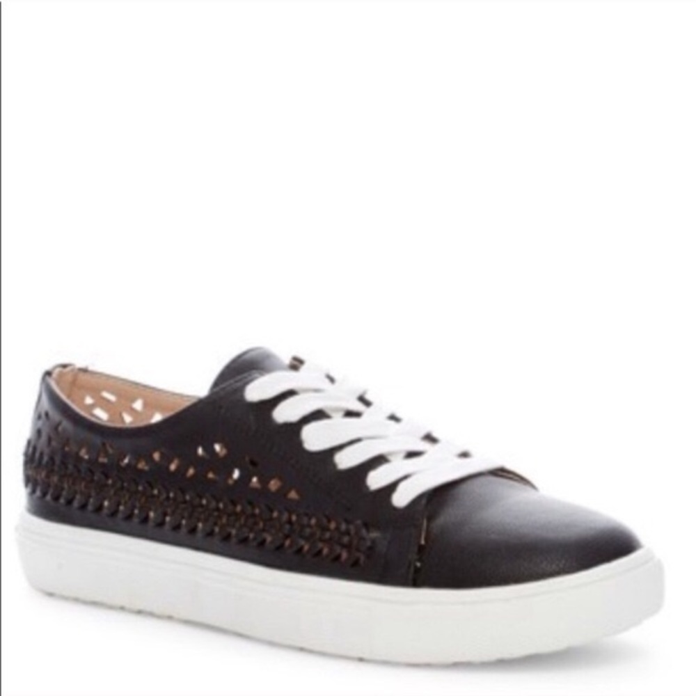 Black Leather Slip-On Sneaker with White Laces